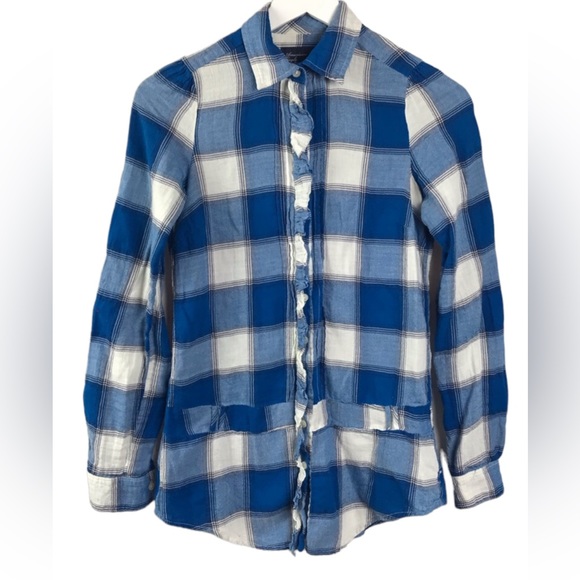 American Eagle Plaid Blue Button Down Ruffle Shirt Women Sz 0 - Picture 1 of 5